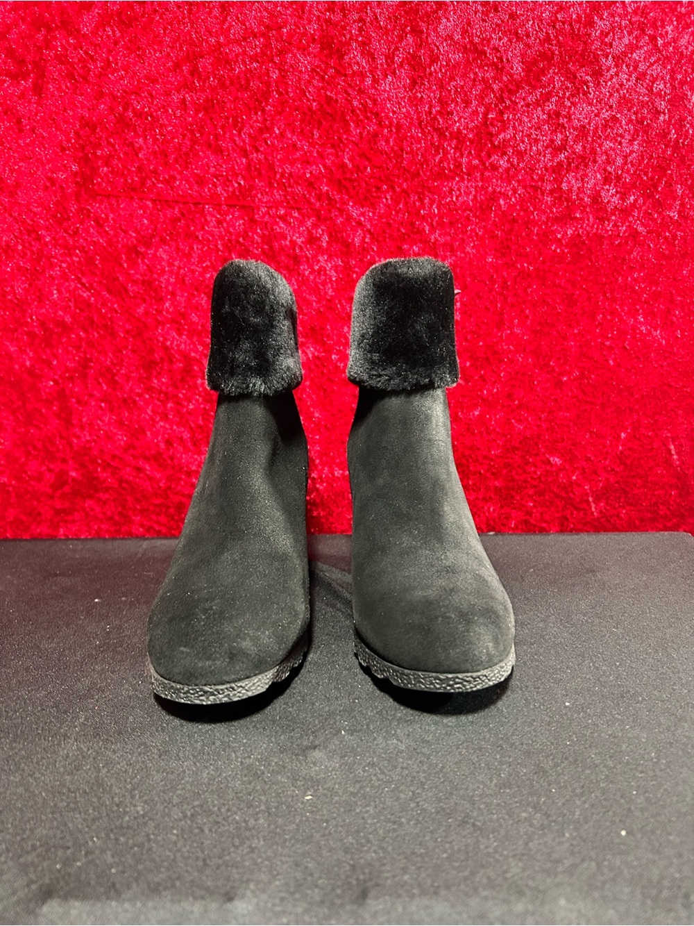 New Alfani Women's Step 'N Flex Oreena Faux-Fur-Cuff Wedge Booties Sz 7 M Black